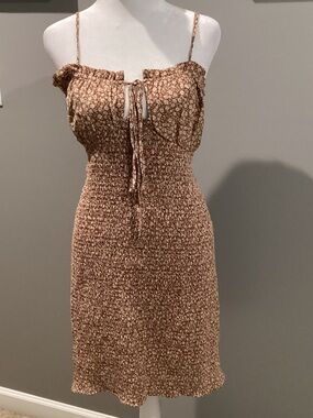 Blush BJ Brown Floral Smocked Mini Dress Tie Front Layered Ruffle Hem 2XL